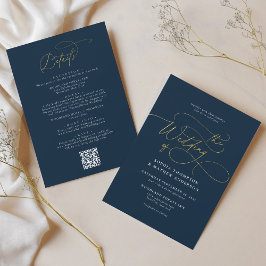 Convite Código QR Azul Dourado Elegante Marinho Todos em u