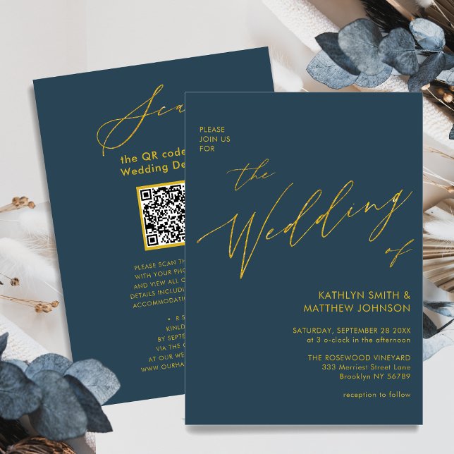 Convite Código QR Azul Dusty Tudo Em Um Casamento Dourado  (Criador carregado)