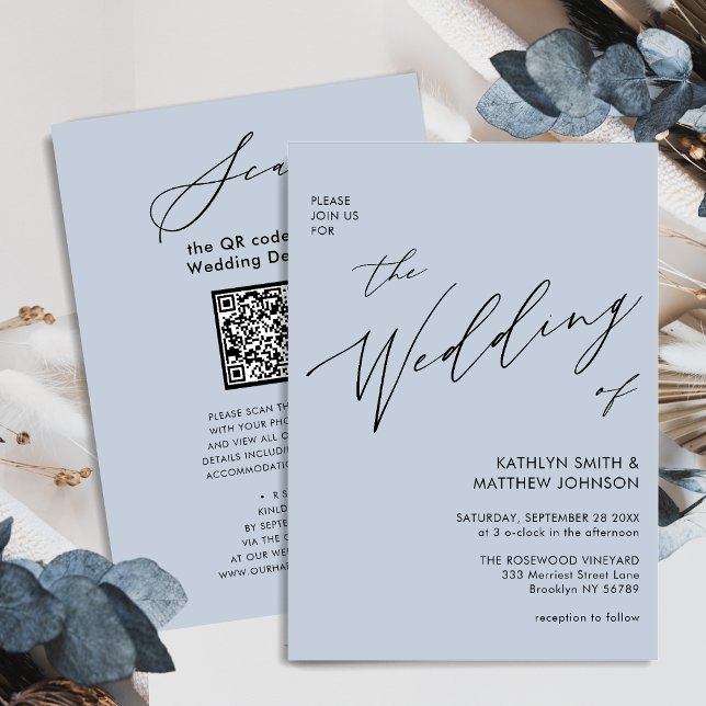 Convite Código QR Azul Dusty Tudo Em Um Casamento Elegante (Criador carregado)