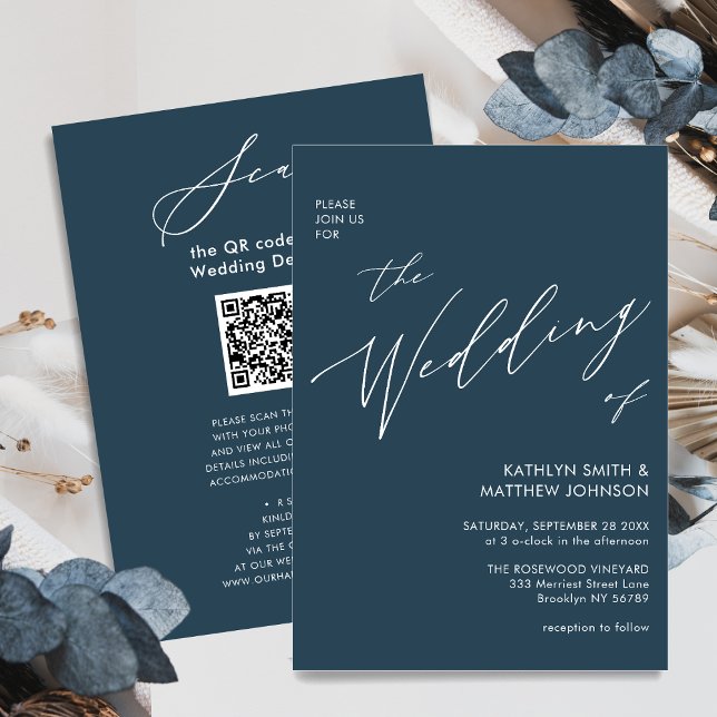 Convite Código QR Azul Dusty Tudo Em Um Casamento Minimali (Criador carregado)