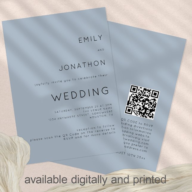 Convite Código QR Azul Empoeirado Casamento Texto Simples (Criador carregado)