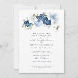 Convite Código QR Azul Floral Dusty Tudo em Um Casamento