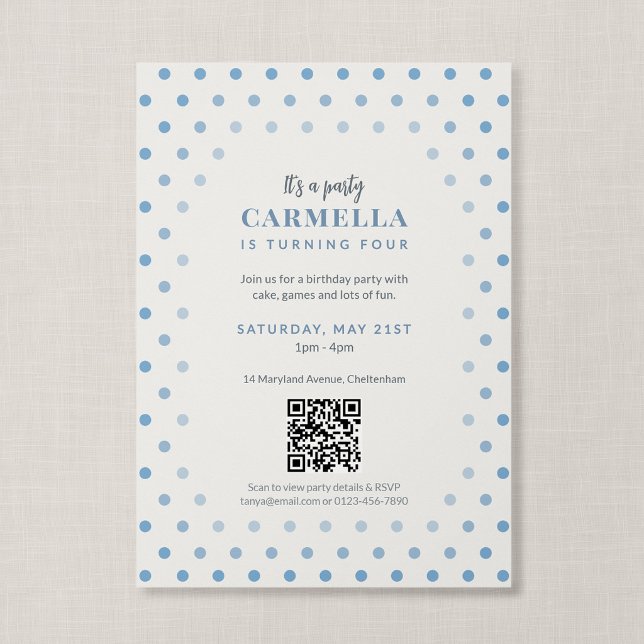 Convite Código QR Azul Francês Bolinhas Aniversário (Blue Polka Dot - QR Code Birthday Invitation)