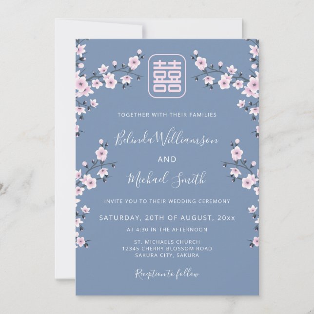 Convite Código QR Azul Poeirento Rosa | Casamento Chinês (Frente)