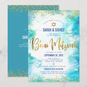 Convite Código QR B’nai Mitzvah Dourado Turquesa Aquarela