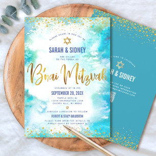 Convite Código QR B’nai Mitzvah Dourado Turquesa Aquarela