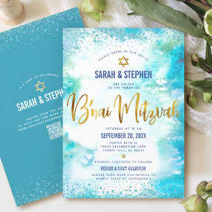 Convite Código QR B’nai Mitzvah Turquesa Aquarela Dourado