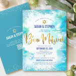 Convite Código QR B’nai Mitzvah Turquoise Watercolor Doura<br><div class="desc">Tenha orgulho, alegria e mostre este marco do seu B’nai Mitzvahs favorito! Enviar este convite de código QR personalizado, moderno e impressionante para um evento a lembrar. Escrita de caligrafia de folha de ouro faxes e Estrela de David, juntamente com pontos de confete azuis, sobrepõem um fundo de cor d'água...</div>