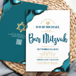 Convite Código QR Bar Mitzvah Ágata Turquesa Script Branco<br><div class="desc">Sinta-se orgulhoso, regozije e mostre esse marco do Bar Mitzvah do seu filho! Envie esse convite de QR code personalizado, moderno e único para um evento inesquecível. Tipografia cursiva azul-teal escuro, tipografia sans serif dourada falsa e uma sobreposição da Estrela de Davi dourada falsa sobre um fundo branco simples e...</div>