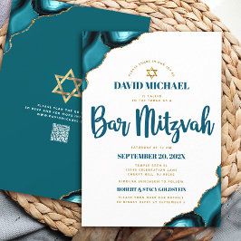Convite Código QR Bar Mitzvah Ágata Turquesa Script Branco