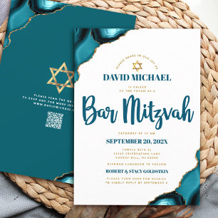Convite Código QR Bar Mitzvah Ágata Turquesa Script Branco