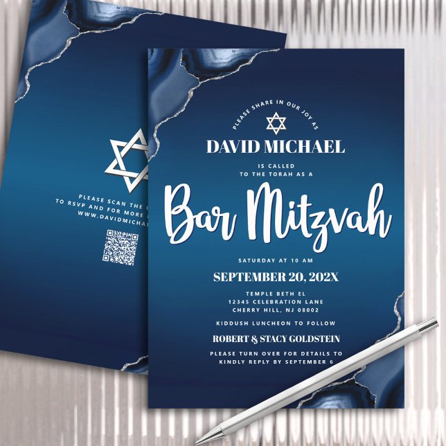 Convite Código QR Bar Mitzvah Azul Marinho Ombre Ágata Scr (Criador carregado)