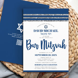Convite Código QR Bar Mitzvah Azul Naval Tallit Prateado S