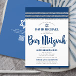 Convite Código QR Bar Mitzvah Marinha Prata Tallit Script<br><div class="desc">Orgulhe-se, regozije e mostre este marco do Bar Mitzvah favorito! Envie este convite de código QR personalizado, moderno e único para um evento inesquecível. Tipografia em negrito e azul-marinho, Estrela de Davi e um gráfico inspirado no tallit listrado azul-marinho e prata com brilho sobre um fundo branco simples. No verso,...</div>