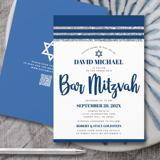 Convite Código QR Bar Mitzvah Marinha Prata Tallit Script  (Criador carregado)