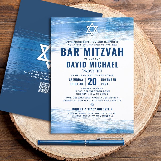 Convite Código QR Bar Mitzvah Marinho Tipografia Azul Folh (Criador carregado)