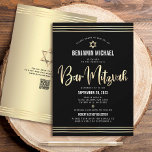 Convite Código QR Bar Mitzvah Preto Dourado Script Tallit<br><div class="desc">Sinta-se orgulhoso, regozije e mostre este marco do Bar Mitzvah favorito! Envie este convite de código QR personalizado impressionante, moderno e sofisticado para um evento inesquecível. A caligrafia em grafismo de folha de ouro falso, a Estrela de Davi, a tipografia sans serif branca moderna e as linhas do tallit desenhadas...</div>
