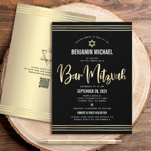Convite Código QR Bar Mitzvah Preto Dourado Script Tallit 