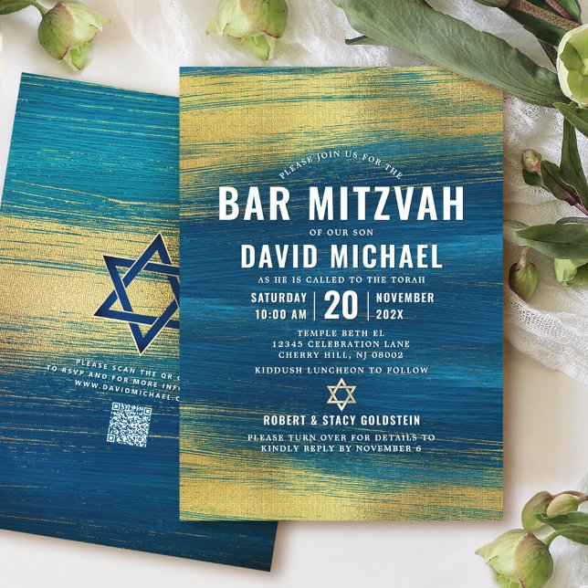 Convite Código QR Bar Mitzvah Turquesa Folha Dourada Moder (Criador carregado)