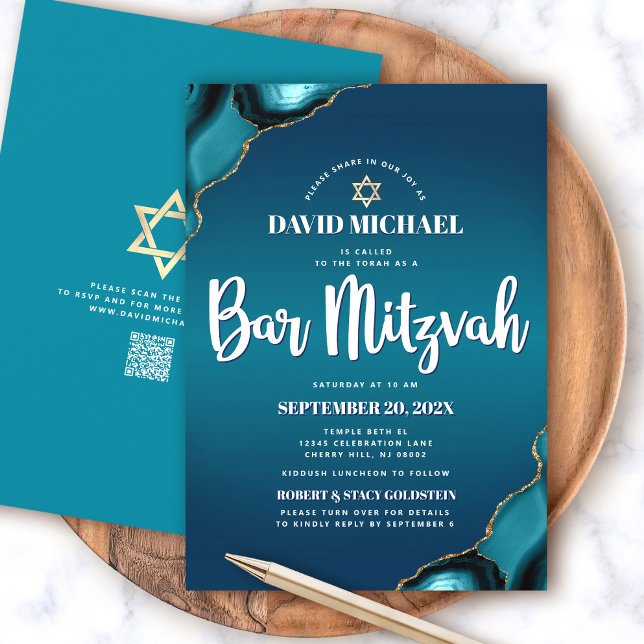 Convite Código QR Bar Mitzvah Turquesa Ombre Ágata Moderno (Criador carregado)