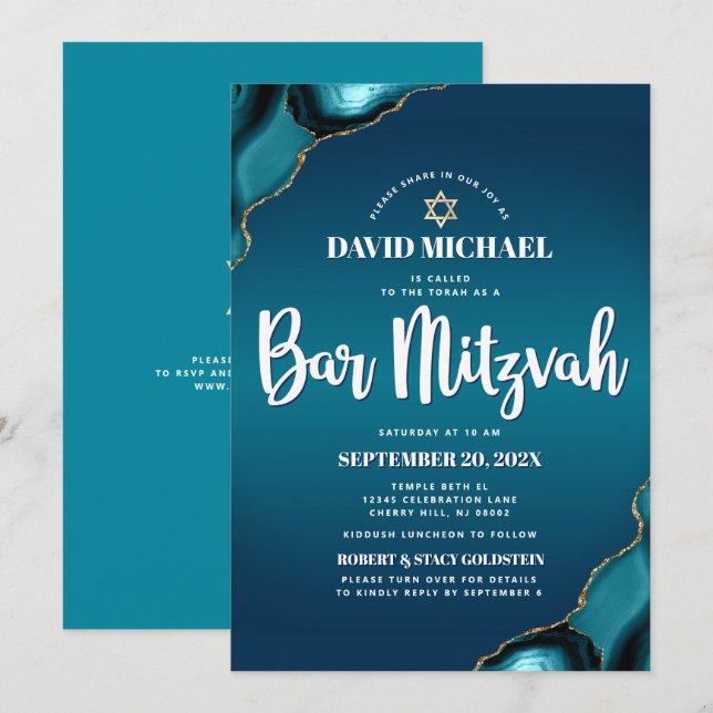 Convite Código QR Bar Mitzvah Turquesa Ombre Ágata Moderno (Frente/Verso)