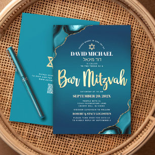 Convite Código QR Bar Mitzvah Turquesa Ombre Ágata Script