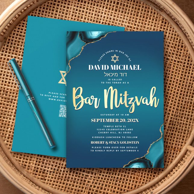 Convite Código QR Bar Mitzvah Turquesa Ombre Ágata Script (Criador carregado)