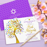 Convite Código QR Bat Mitzvah Árvore de Vida Dourada Roxa<br><div class="desc">Tenha orgulho, alegria e mostre este marco do seu Bat Mitzvah favorito! Envie este convite ousado, moderno e personalizado de código QR para um evento a ser lembrado. Uma folha de ouro falso, divertida e gráfica, com tartaruga cintilante, palha, púrpura e azul Estrela de David e "folhas" de ponto, roteiro...</div>