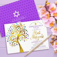 Código QR Bat Mitzvah Árvore de Vida Dourada Roxa