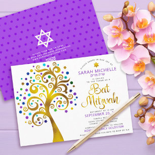 Convite Código QR Bat Mitzvah Árvore de Vida Dourada Roxa