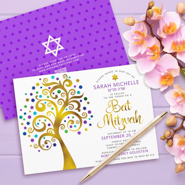 Convite Código QR Bat Mitzvah Árvore de Vida Dourada Roxa (Criador carregado)