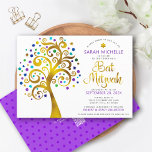 Convite Código QR Bat Mitzvah Árvore Dourada Roxa Negrito<br><div class="desc">Tenha orgulho, alegria e mostre este marco do seu Bat Mitzvah favorito! Envie este convite ousado, moderno e personalizado de código QR para um evento a ser lembrado. Uma folha de ouro falso, divertida e gráfica, com tartaruga cintilante, palha, púrpura e azul Estrela de David e "folhas" de ponto, roteiro...</div>