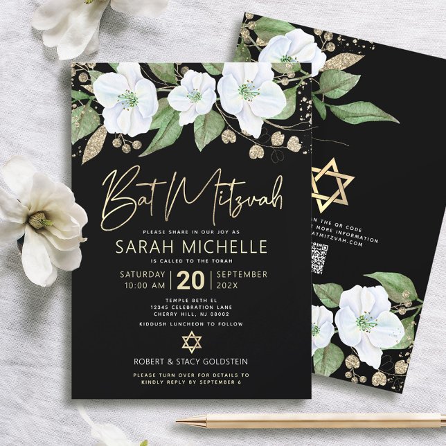 Convite Código QR Bat Mitzvah Black Dourado Floral Script  (Criador carregado)