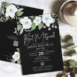 Convite Código QR Bat Mitzvah Black Silver Script Floral<br><div class="desc">Tenha orgulho, alegria e mostre este marco do seu Bat Mitzvah favorito! Enviar este sofisticado, moderno e personalizado convite de código QR para um evento a lembrar. Uma aquarela floral brilhante, branca e falso prateada com falso grafismo de folha prateada e serifa branca sobrepõe-se a um fundo preto dramático. No...</div>