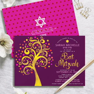 Convite Código QR Bat Mitzvah Burgundy Árvore Dourada da V