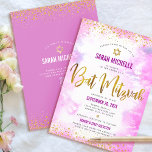 Convite Código QR Bat Mitzvah Cor de Água Rosa Dourada Bri<br><div class="desc">Tenha orgulho, alegria e mostre este marco do seu Bat Mitzvah favorito! Enviar este convite de código QR personalizado, moderno e impressionante para um evento a lembrar. Escrito em folha de ouro, pontos brilhantes, estrela de David e tipografia de script manual sobre um fundo de aquarela cor-de-rosa-mole. Na parte de...</div>