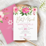 Convite Código QR Bat Mitzvah Cor-de-rosa Script Dourado F<br><div class="desc">Tenha orgulho, alegria e mostre este marco do seu Bat Mitzvah favorito! Enviar este convite de código QR personalizado, moderno e impressionante para um evento a lembrar. Uma aquarela floral chica, atordoante, rosa e pêssego com uma tipografia falsa de folha de ouro e rosa de cinza e serifa poeirenta moderna...</div>