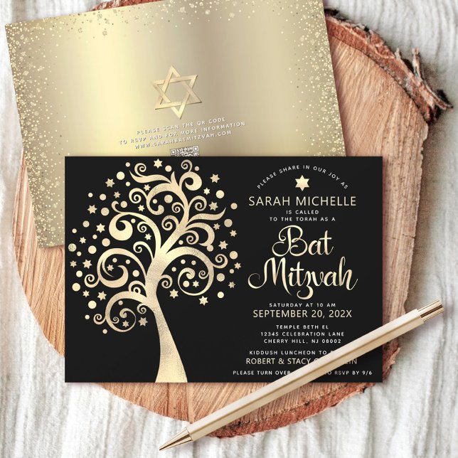 Convite Código QR Bat Mitzvah Dourado Árvore de Vida Preta (Criador carregado)