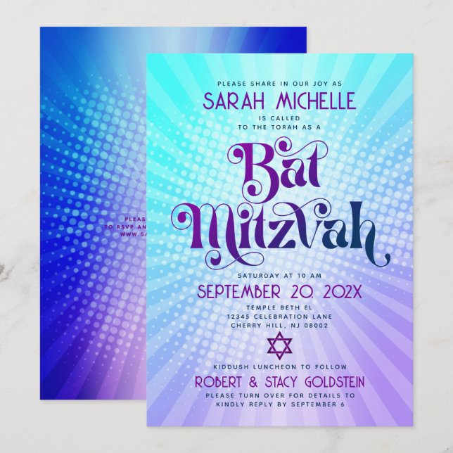 Convite Código QR Bat Mitzvah Gradiente Azul Roxo Retro Di (Frente/Verso)