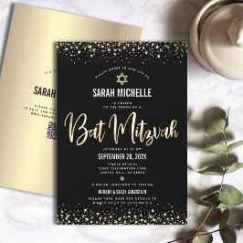 Convite Código QR Bat Mitzvah Moderno Dourado Preto Brilho