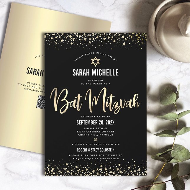 Convite Código QR Bat Mitzvah Moderno Dourado Preto Brilho (Criador carregado)