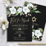 Convite Código QR Bat Mitzvah Preto Dourado Floral Script<br><div class="desc">Orgulhe-se, regozije e mostre este marco da sua Bat Mitzvah favorita! Envie este convite de código QR personalizado sofisticado e moderno para um evento inesquecível. Um floral em aquarela branco e brilho dourado falso chic e deslumbrante com tipografia de escrita em folha dourada falsa e tipo sans serif branco sobre...</div>