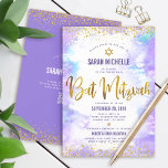 Convite Código QR Bat Mitzvah Purple Watercolor Glitter Do<br><div class="desc">Tenha orgulho, alegria e mostre este marco do seu Bat Mitzvah favorito! Enviar este convite de código QR personalizado, moderno e impressionante para um evento a lembrar. Escrita em folha de ouro, pontos brilhantes, estrela de David e tipografia de escrita manual sobre uma cor de água roxa clara. No verso,...</div>