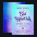 Convite Código QR Bat Mitzvah Retro Blue Roxo Gradiente<br><div class="desc">Tenha orgulho, alegria e mostre este marco do seu Bat Mitzvah favorito! Enviar este retrato do jogo divertido, convite personalizado de código QR para um evento a lembrar. Típica divertida, moderna, arrojada, roxa e azul marinho com a tipografia sans serif moderna sobrepõe-se a um fundo de turquesa pop-luz e de...</div>
