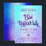 Convite Código QR Bat Mitzvah Retro Blue Roxo Gradiente<br><div class="desc">Tenha orgulho, alegria e mostre este marco do seu Bat Mitzvah favorito! Enviar este retrato do jogo divertido, convite personalizado de código QR para um evento a lembrar. Típica divertida, moderna, arrojada, roxa e azul marinho com a tipografia sans serif moderna sobrepõe-se a um fundo de turquesa pop-luz e de...</div>