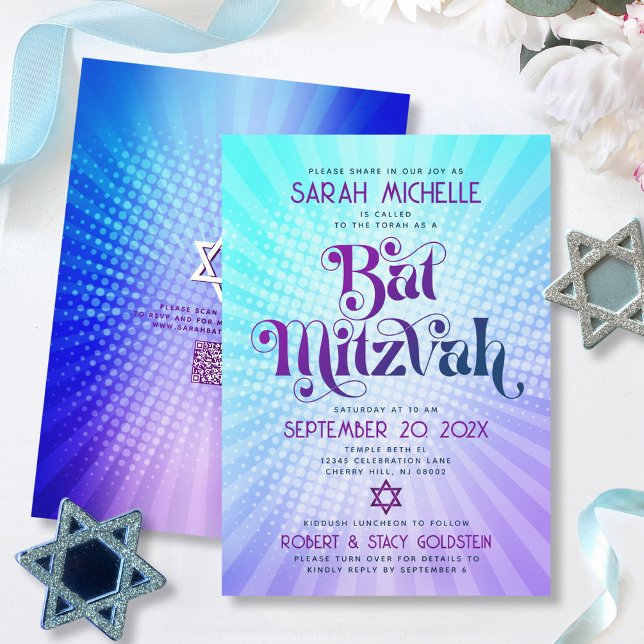 Convite Código QR Bat Mitzvah Retro Gradiente Azul Roxo Di (Criador carregado)