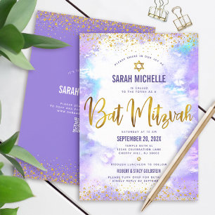 Convite Código QR Bat Mitzvah Roxo Aquarela Brilho Dourado