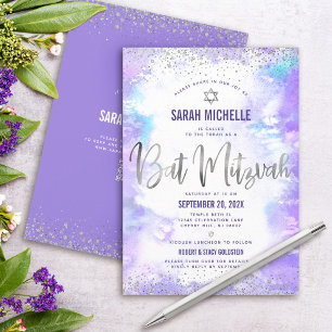 Convite Código QR Bat Mitzvah Roxo Aquarela Folha de Prata