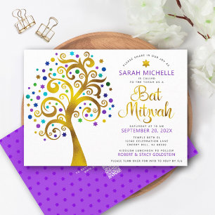 Convite Código QR Bat Mitzvah Roxo Dourado Árvore da Vida