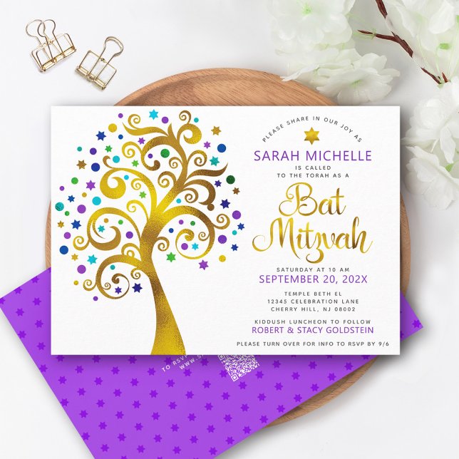 Convite Código QR Bat Mitzvah Roxo Dourado Árvore da Vida  (Criador carregado)